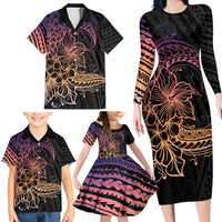 Floral Polynesian Hibiscus Tattoo Family Matching Long Sleeve Bodycon Dress and Hawaiian Shirt Peach Gradient Style LT9 - Polynesian Pride