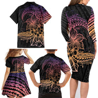 Floral Polynesian Hibiscus Tattoo Family Matching Long Sleeve Bodycon Dress and Hawaiian Shirt Peach Gradient Style LT9 - Polynesian Pride