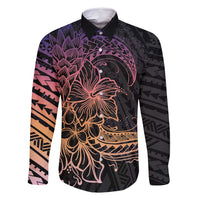 Floral Polynesian Hibiscus Tattoo Family Matching Mermaid Dress and Hawaiian Shirt Peach Gradient Style LT9 Dad's Shirt - Long Sleeve Peach - Polynesian Pride