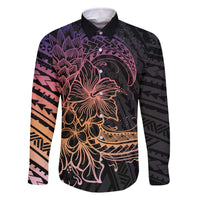 Floral Polynesian Hibiscus Tattoo Family Matching Off The Shoulder Long Sleeve Dress and Hawaiian Shirt Peach Gradient Style LT9 Dad's Shirt - Long Sleeve Peach - Polynesian Pride