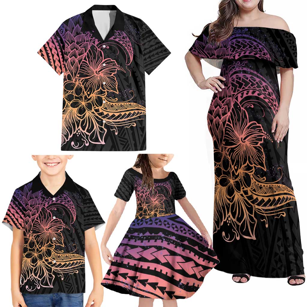 Floral Polynesian Hibiscus Tattoo Family Matching Off Shoulder Maxi Dress and Hawaiian Shirt Peach Gradient Style LT9 - Polynesian Pride