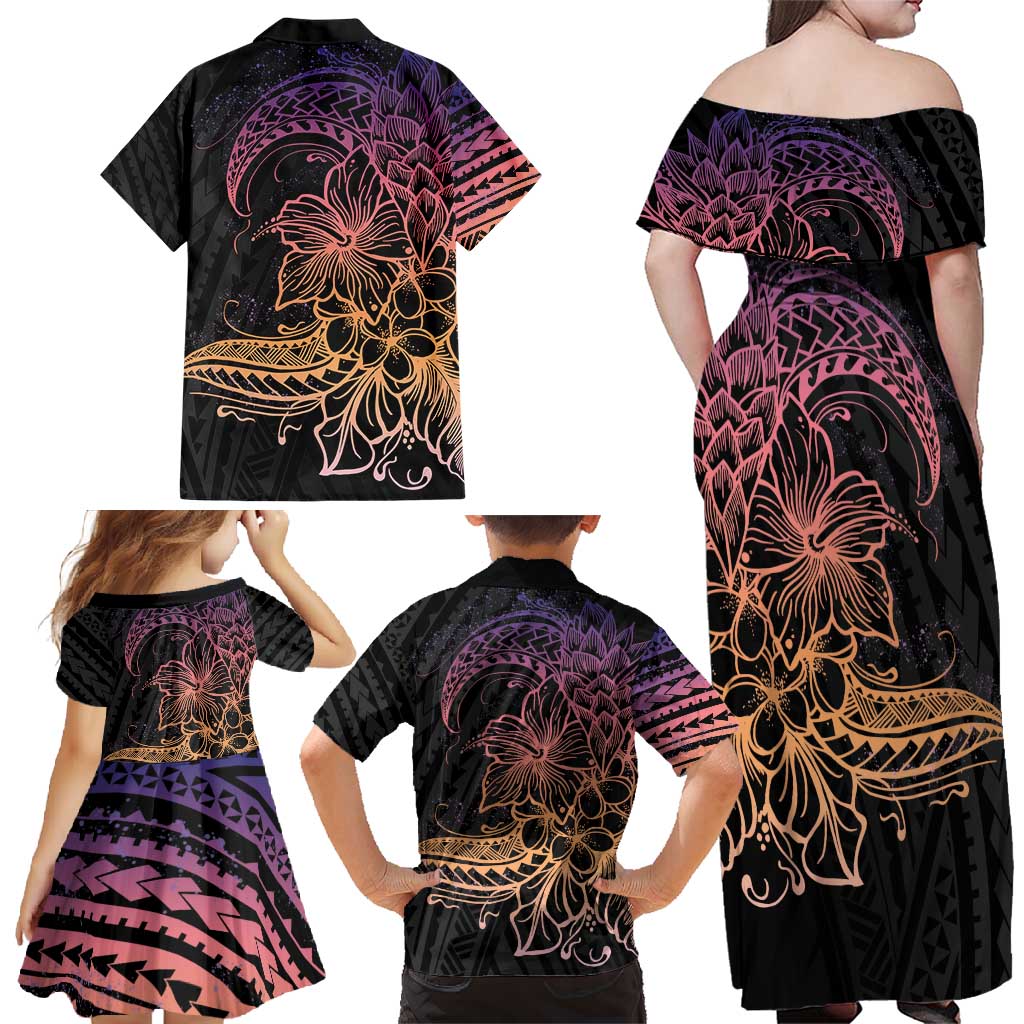 Floral Polynesian Hibiscus Tattoo Family Matching Off Shoulder Maxi Dress and Hawaiian Shirt Peach Gradient Style LT9 - Polynesian Pride