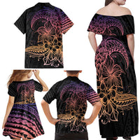 Floral Polynesian Hibiscus Tattoo Family Matching Off Shoulder Maxi Dress and Hawaiian Shirt Peach Gradient Style LT9 - Polynesian Pride