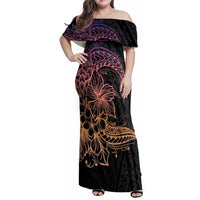 Floral Polynesian Hibiscus Tattoo Family Matching Off Shoulder Maxi Dress and Hawaiian Shirt Peach Gradient Style LT9 Mom's Dress Peach - Polynesian Pride