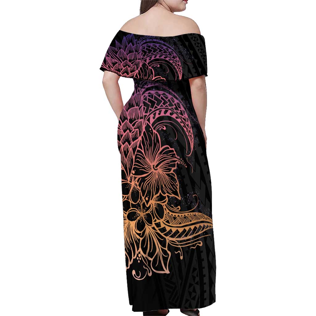Floral Polynesian Hibiscus Tattoo Family Matching Off Shoulder Maxi Dress and Hawaiian Shirt Peach Gradient Style LT9 - Polynesian Pride