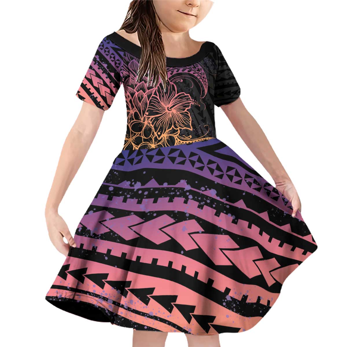 Floral Polynesian Hibiscus Tattoo Family Matching Off Shoulder Short Dress and Hawaiian Shirt Peach Gradient Style LT9 Daughter's Dress Peach - Polynesian Pride