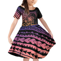 Floral Polynesian Hibiscus Tattoo Family Matching Off Shoulder Short Dress and Hawaiian Shirt Peach Gradient Style LT9 Daughter's Dress Peach - Polynesian Pride