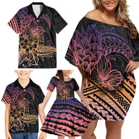 Floral Polynesian Hibiscus Tattoo Family Matching Off Shoulder Short Dress and Hawaiian Shirt Peach Gradient Style LT9 - Polynesian Pride
