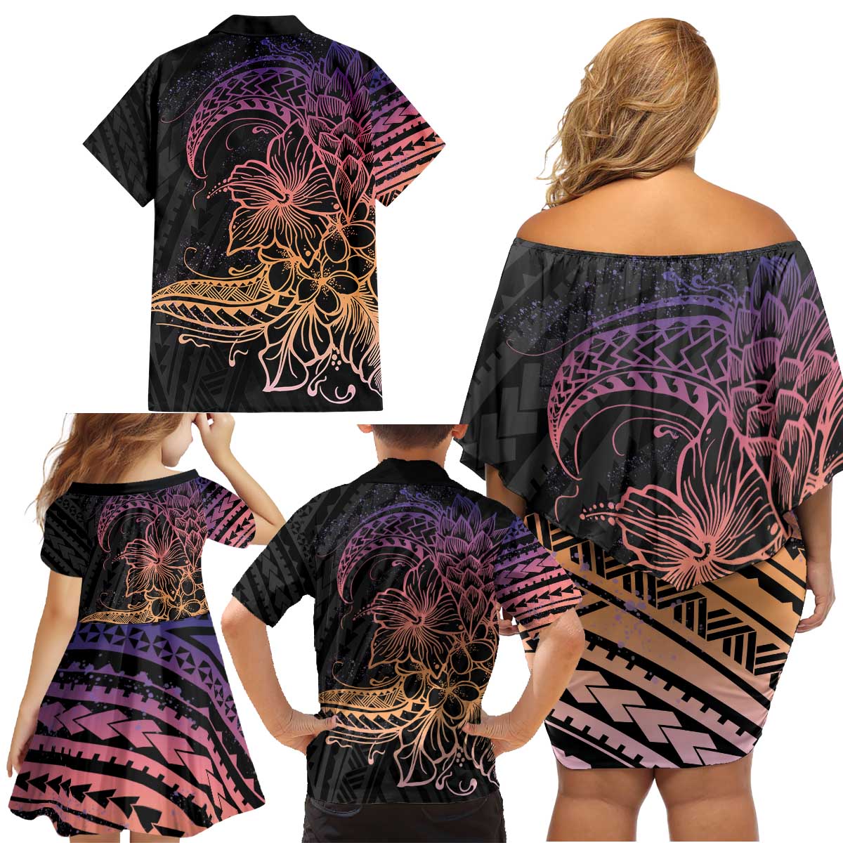 Floral Polynesian Hibiscus Tattoo Family Matching Off Shoulder Short Dress and Hawaiian Shirt Peach Gradient Style LT9 - Polynesian Pride