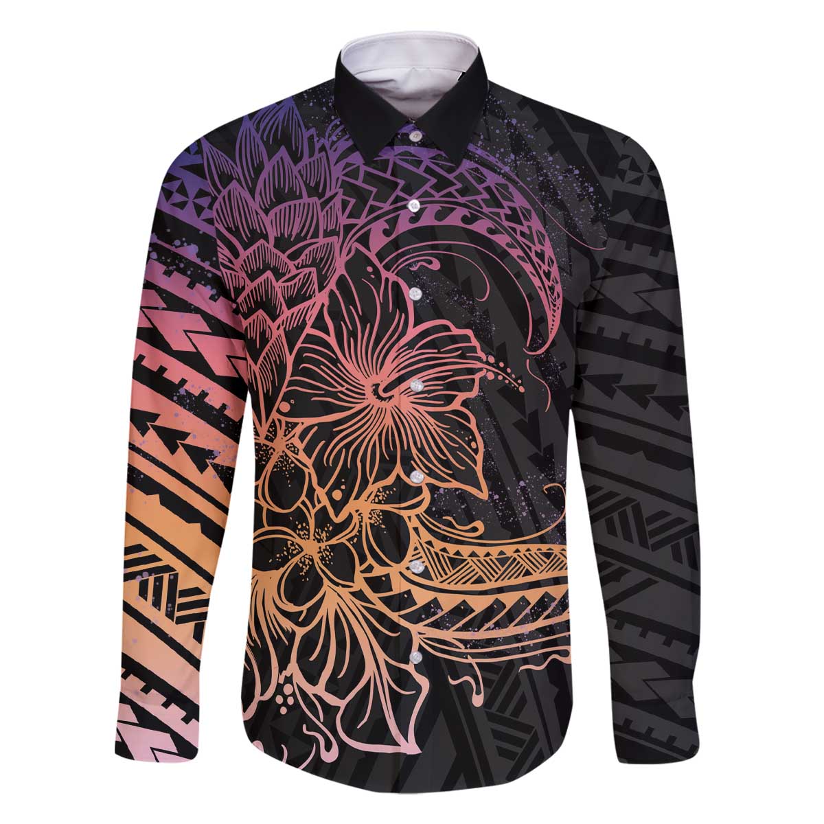 Floral Polynesian Hibiscus Tattoo Family Matching Off Shoulder Short Dress and Hawaiian Shirt Peach Gradient Style LT9 Dad's Shirt - Long Sleeve Peach - Polynesian Pride