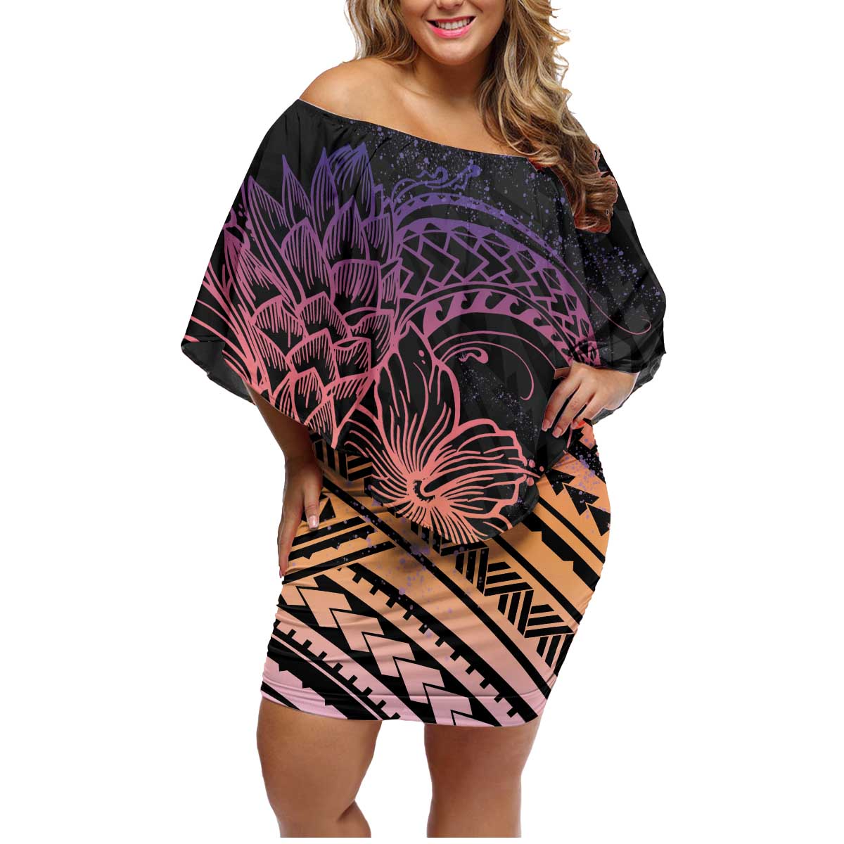 Floral Polynesian Hibiscus Tattoo Family Matching Off Shoulder Short Dress and Hawaiian Shirt Peach Gradient Style LT9 Mom's Dress Peach - Polynesian Pride