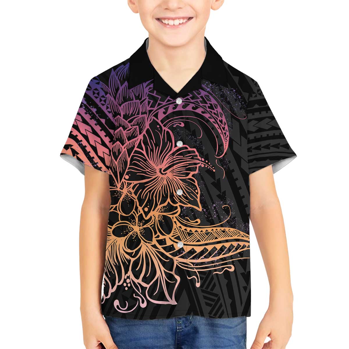 Floral Polynesian Hibiscus Tattoo Family Matching Off Shoulder Short Dress and Hawaiian Shirt Peach Gradient Style LT9 Son's Shirt Peach - Polynesian Pride