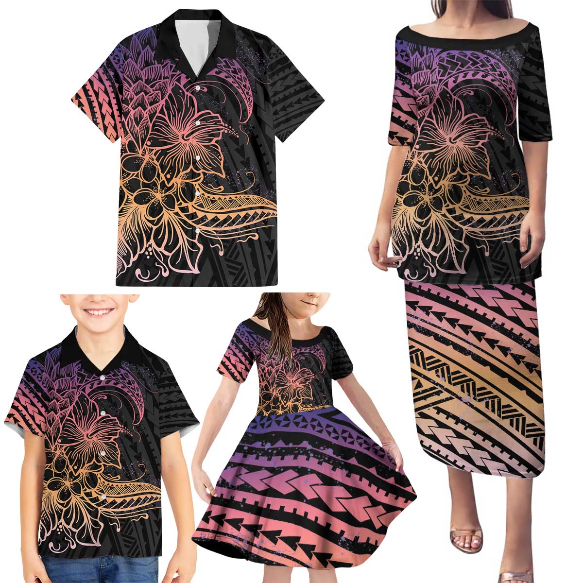 Floral Polynesian Hibiscus Tattoo Family Matching Puletasi and Hawaiian Shirt Peach Gradient Style LT9 - Polynesian Pride