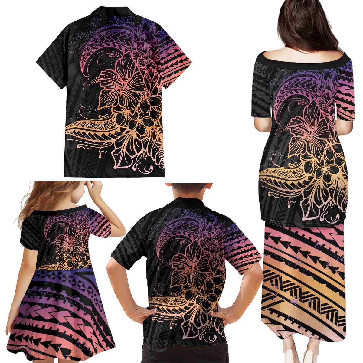 Floral Polynesian Hibiscus Tattoo Family Matching Puletasi and Hawaiian Shirt Peach Gradient Style LT9 - Polynesian Pride