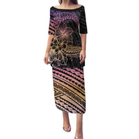 Floral Polynesian Hibiscus Tattoo Family Matching Puletasi and Hawaiian Shirt Peach Gradient Style LT9 Mom's Dress Peach - Polynesian Pride