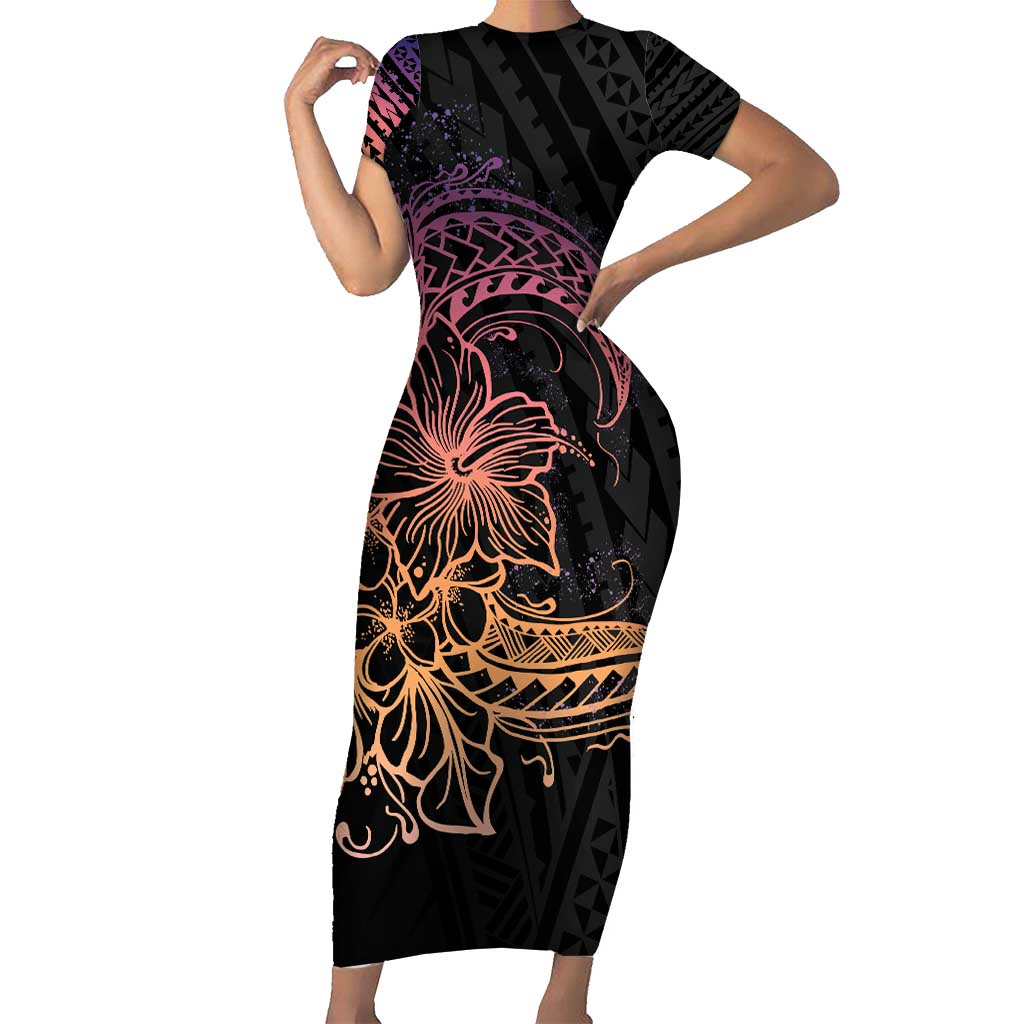 Floral Polynesian Hibiscus Tattoo Family Matching Short Sleeve Bodycon Dress and Hawaiian Shirt Peach Gradient Style LT9 Mom's Dress Peach - Polynesian Pride