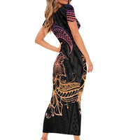 Floral Polynesian Hibiscus Tattoo Family Matching Short Sleeve Bodycon Dress and Hawaiian Shirt Peach Gradient Style LT9 - Polynesian Pride