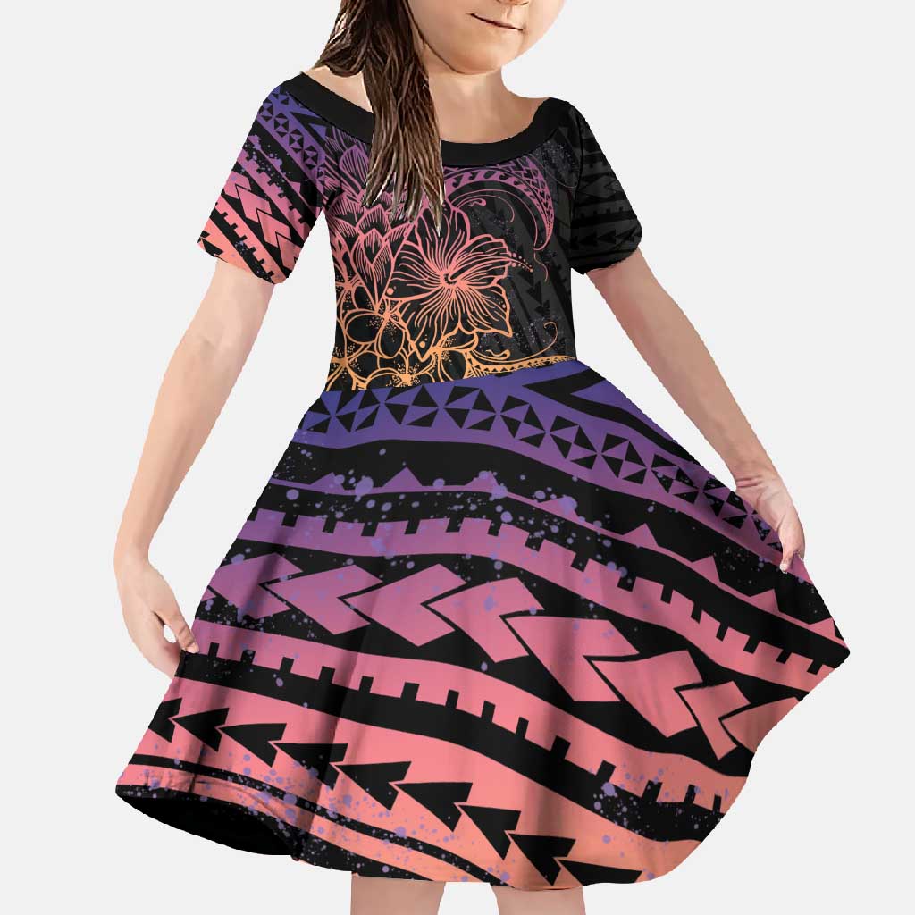 Floral Polynesian Hibiscus Tattoo Family Matching Summer Maxi Dress and Hawaiian Shirt Peach Gradient Style LT9 Daughter's Dress Peach - Polynesian Pride