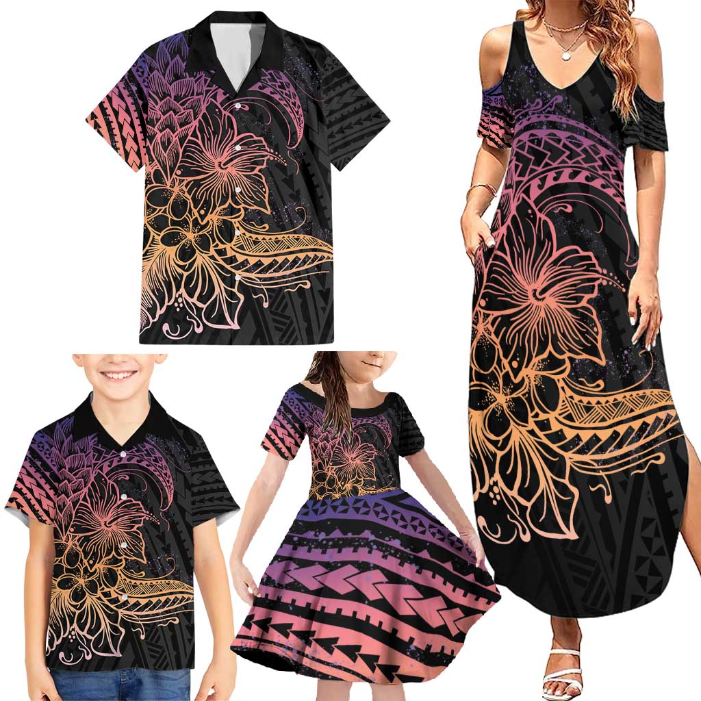 Floral Polynesian Hibiscus Tattoo Family Matching Summer Maxi Dress and Hawaiian Shirt Peach Gradient Style LT9 - Polynesian Pride