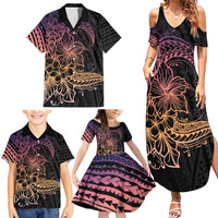Floral Polynesian Hibiscus Tattoo Family Matching Summer Maxi Dress and Hawaiian Shirt Peach Gradient Style LT9 - Polynesian Pride