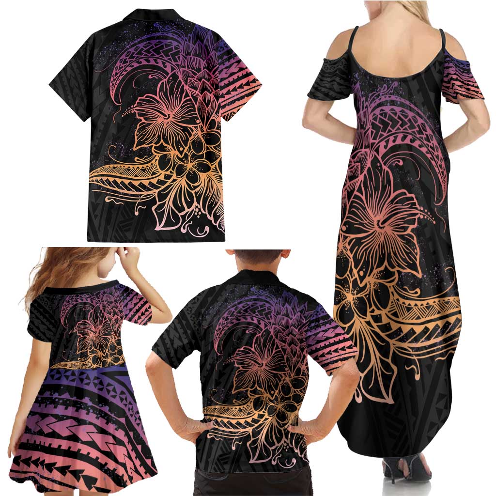 Floral Polynesian Hibiscus Tattoo Family Matching Summer Maxi Dress and Hawaiian Shirt Peach Gradient Style LT9 - Polynesian Pride