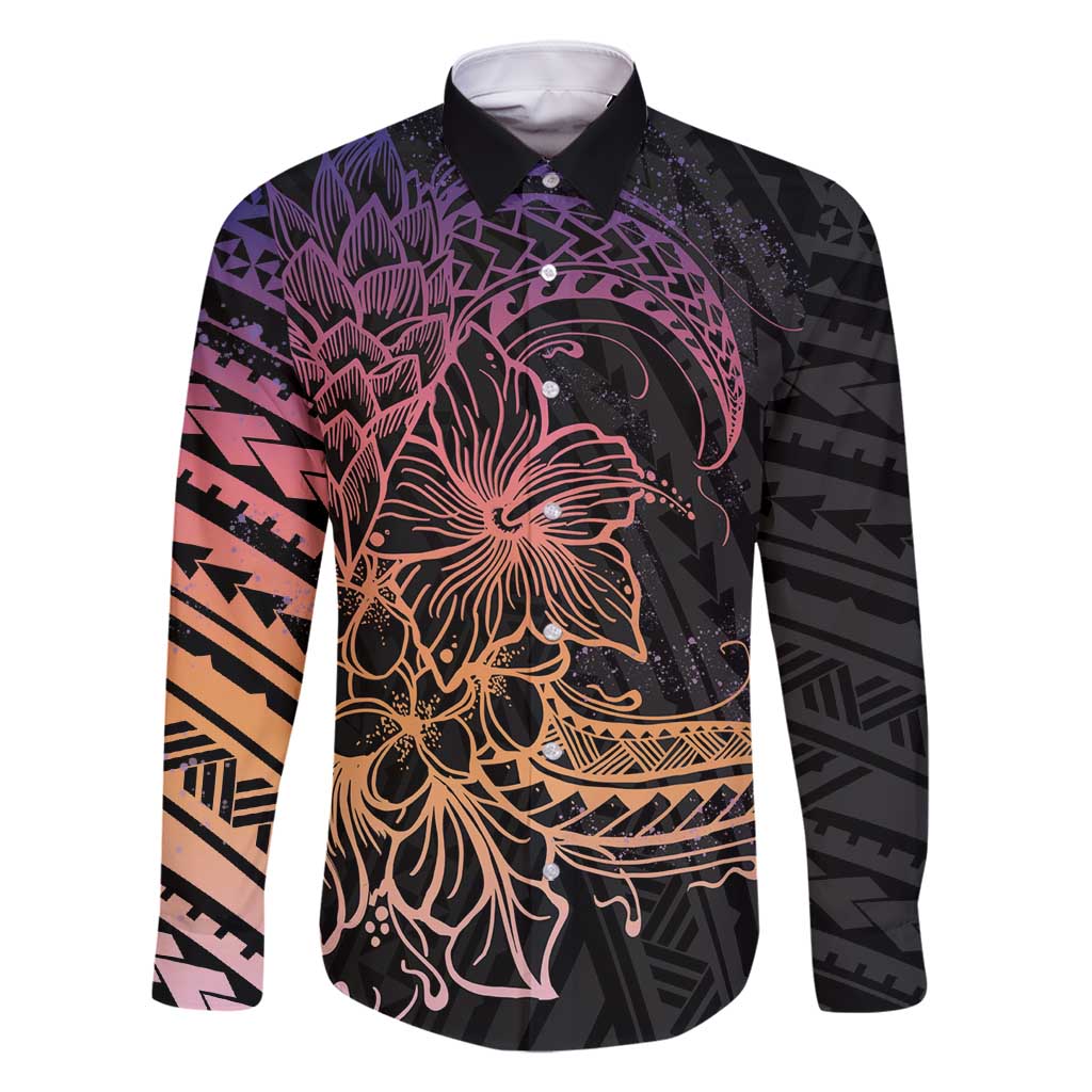 Floral Polynesian Hibiscus Tattoo Family Matching Summer Maxi Dress and Hawaiian Shirt Peach Gradient Style LT9 Dad's Shirt - Long Sleeve Peach - Polynesian Pride