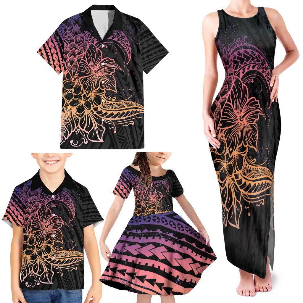 Floral Polynesian Hibiscus Tattoo Family Matching Tank Maxi Dress and Hawaiian Shirt Peach Gradient Style LT9 - Polynesian Pride