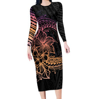 Floral Polynesian Hibiscus Tattoo Long Sleeve Bodycon Dress Peach Gradient Style LT9 Long Dress Peach - Polynesian Pride