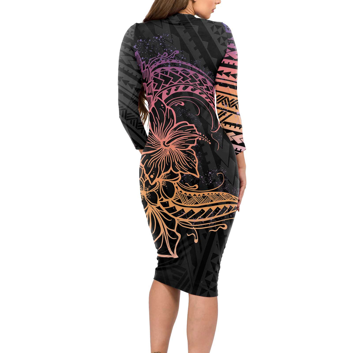 Floral Polynesian Hibiscus Tattoo Long Sleeve Bodycon Dress Peach Gradient Style LT9 - Polynesian Pride