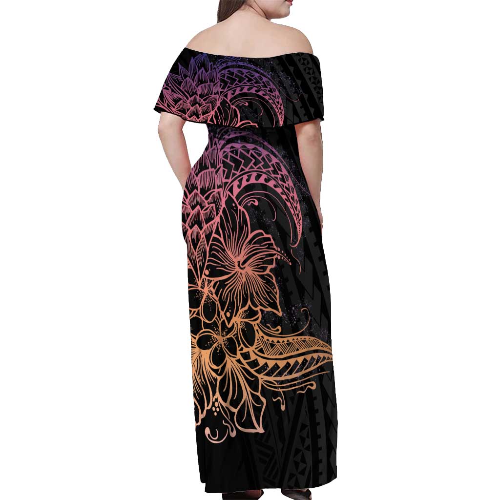 Floral Polynesian Hibiscus Tattoo Off Shoulder Maxi Dress Peach Gradient Style