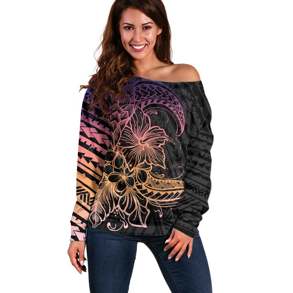 Floral Polynesian Hibiscus Tattoo Off Shoulder Sweater Peach Gradient Style LT9 Women Peach - Polynesian Pride