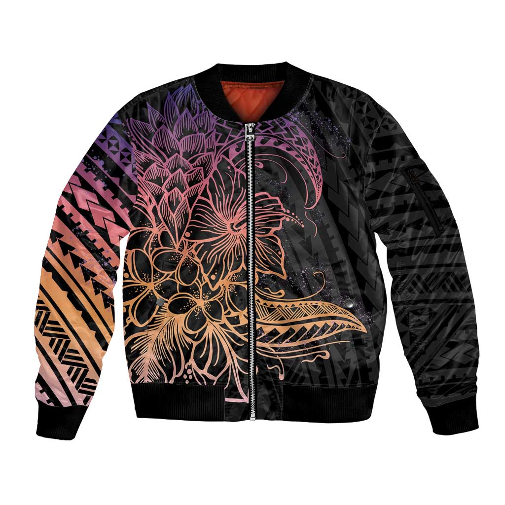 Floral Polynesian Hibiscus Tattoo Sleeve Zip Bomber Jacket Peach Gradient Style LT9 Unisex Peach - Polynesian Pride