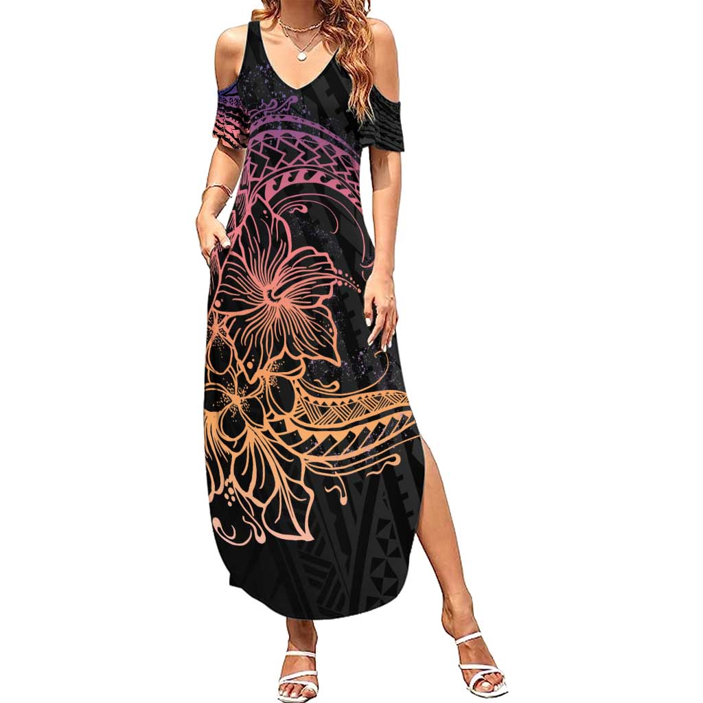 Floral Polynesian Hibiscus Tattoo Summer Maxi Dress Peach Gradient Style LT9 Women Peach - Polynesian Pride