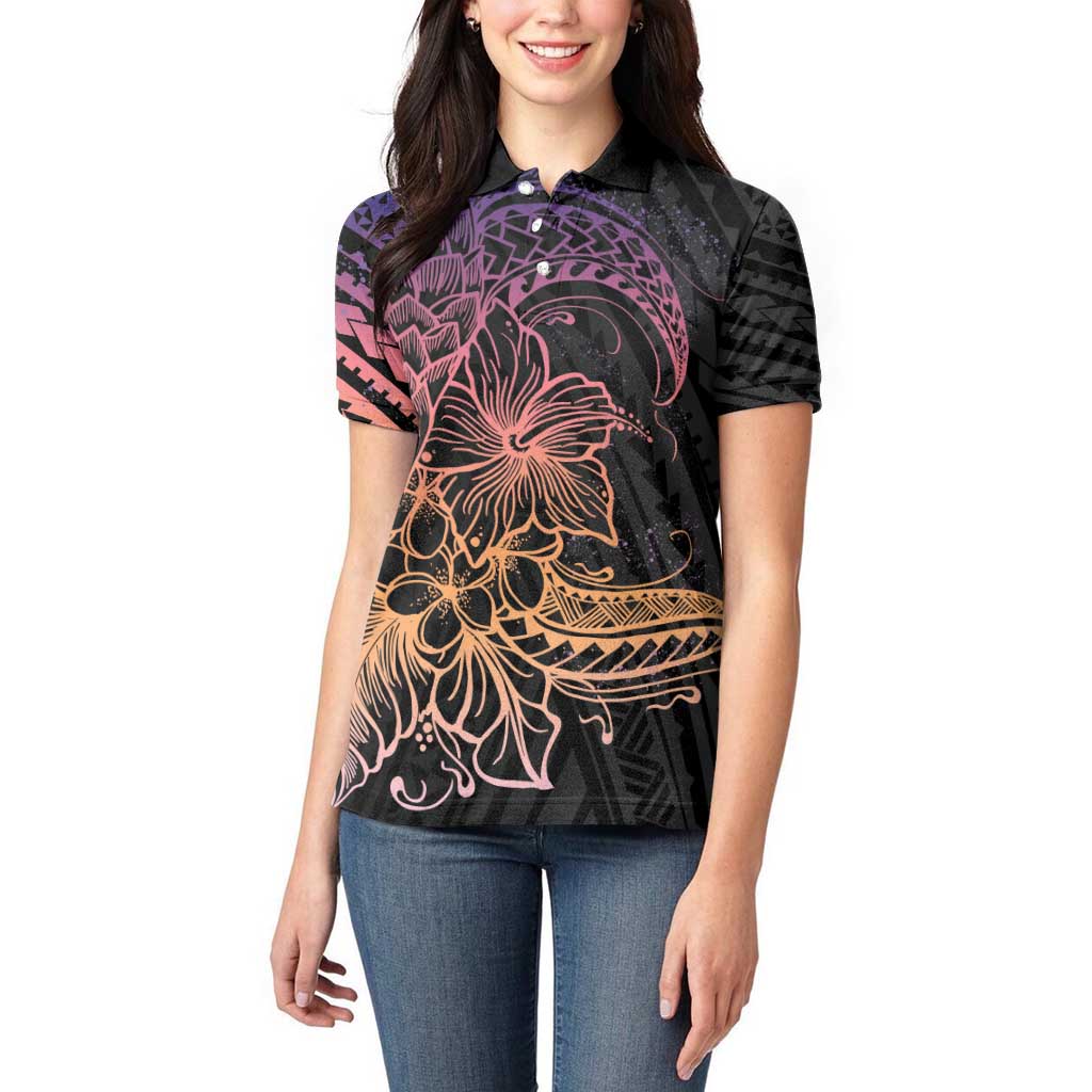 Floral Polynesian Hibiscus Tattoo Women Polo Shirt Peach Gradient Style