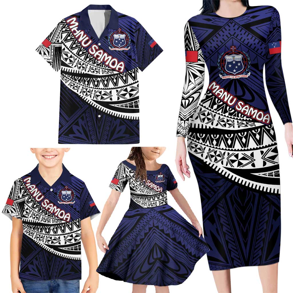Custom Samoa Rugby Pacific Family Matching Long Sleeve Bodycon Dress and Hawaiian Shirt Samoan Warrior Tribal Pattern LT9 - Polynesian Pride