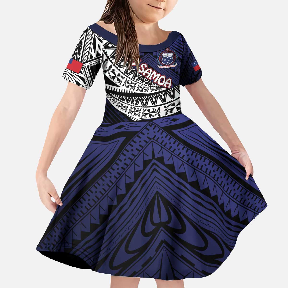 Custom Samoa Rugby Pacific Family Matching Off The Shoulder Long Sleeve Dress and Hawaiian Shirt Samoan Warrior Tribal Pattern LT9 Daughter's Dress Blue - Polynesian Pride