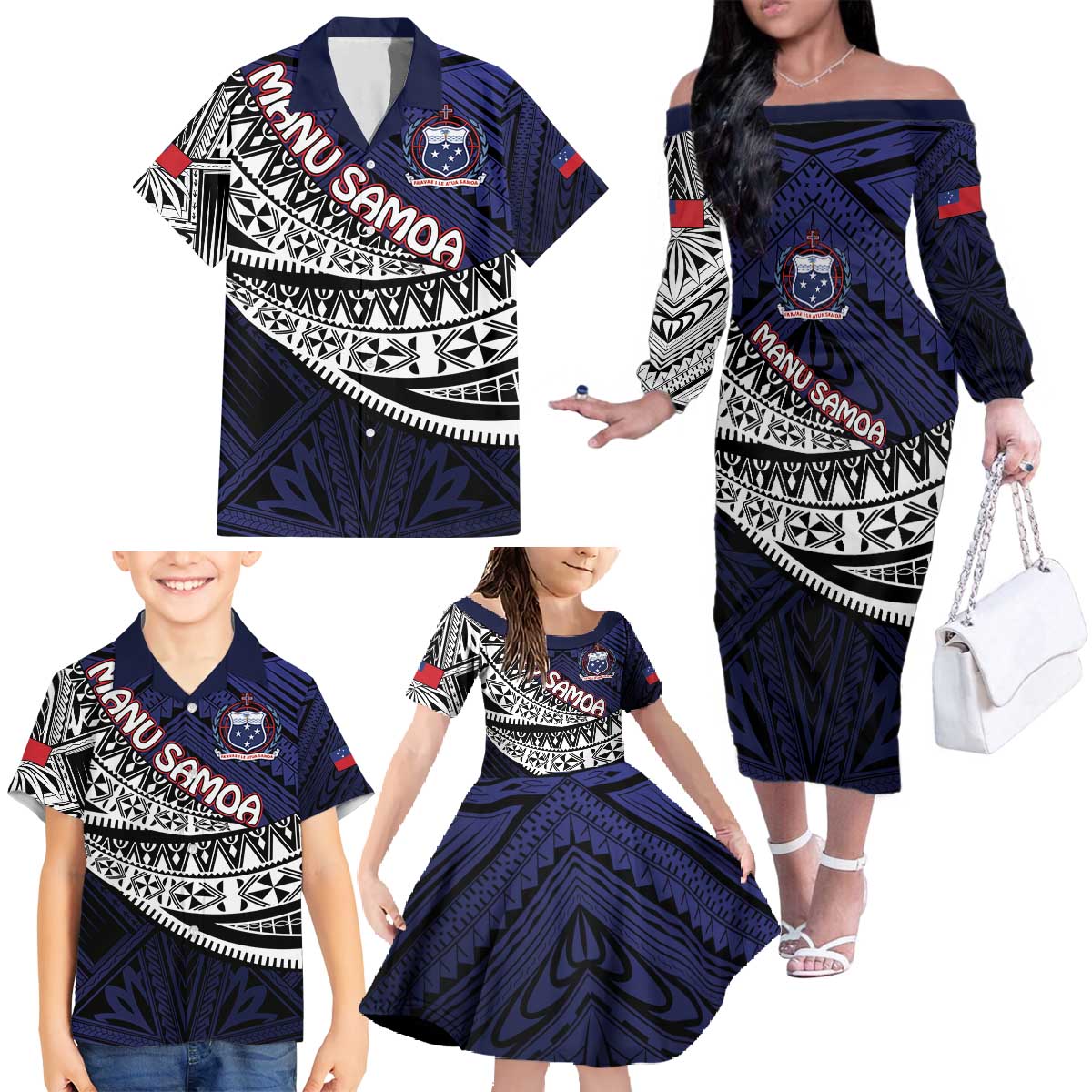Custom Samoa Rugby Pacific Family Matching Off The Shoulder Long Sleeve Dress and Hawaiian Shirt Samoan Warrior Tribal Pattern LT9 - Polynesian Pride