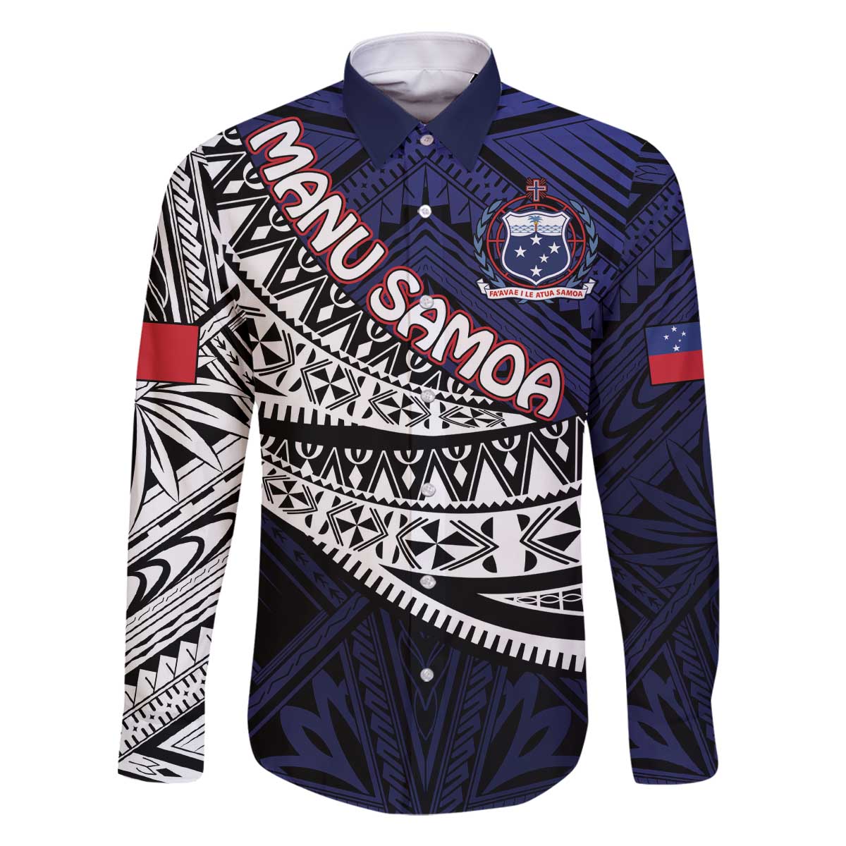 Custom Samoa Rugby Pacific Family Matching Off The Shoulder Long Sleeve Dress and Hawaiian Shirt Samoan Warrior Tribal Pattern LT9 Dad's Shirt - Long Sleeve Blue - Polynesian Pride