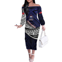 Custom Samoa Rugby Pacific Family Matching Off The Shoulder Long Sleeve Dress and Hawaiian Shirt Samoan Warrior Tribal Pattern LT9 Mom's Dress Blue - Polynesian Pride