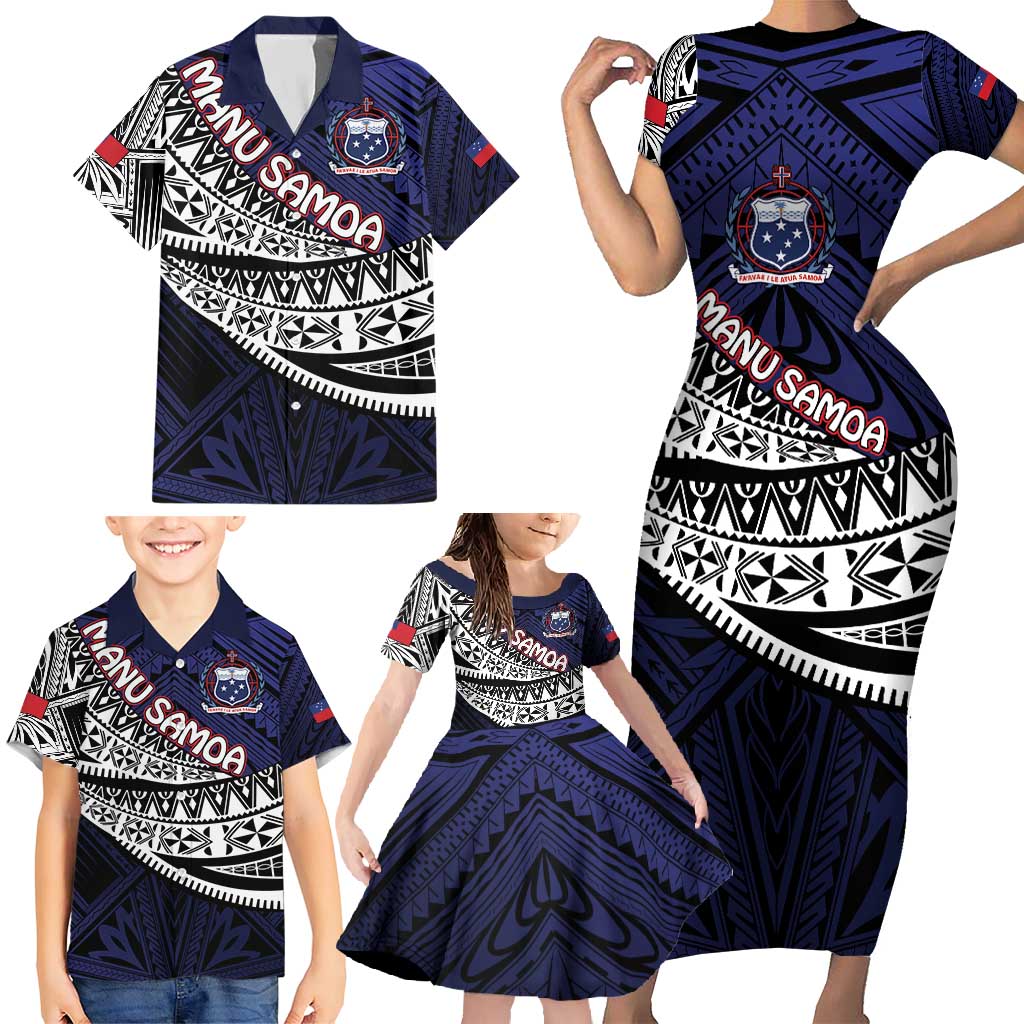 Custom Samoa Rugby Pacific Family Matching Short Sleeve Bodycon Dress and Hawaiian Shirt Samoan Warrior Tribal Pattern LT9 - Polynesian Pride