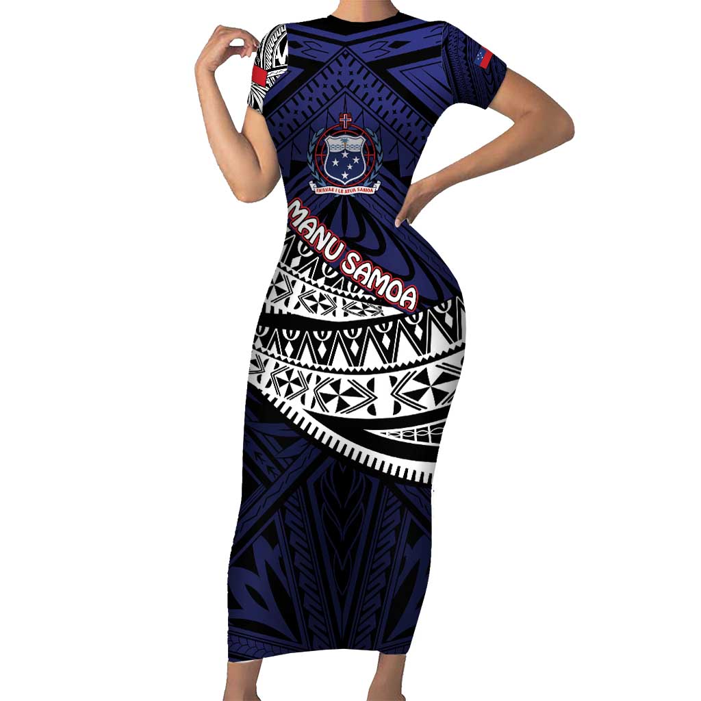 Custom Samoa Rugby Pacific Family Matching Short Sleeve Bodycon Dress and Hawaiian Shirt Samoan Warrior Tribal Pattern LT9 Mom's Dress Blue - Polynesian Pride