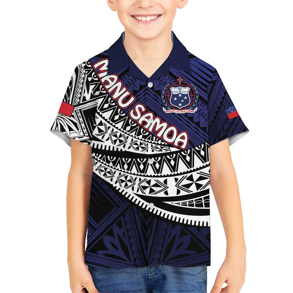 Custom Samoa Rugby Pacific Family Matching Short Sleeve Bodycon Dress and Hawaiian Shirt Samoan Warrior Tribal Pattern LT9 Son's Shirt Blue - Polynesian Pride
