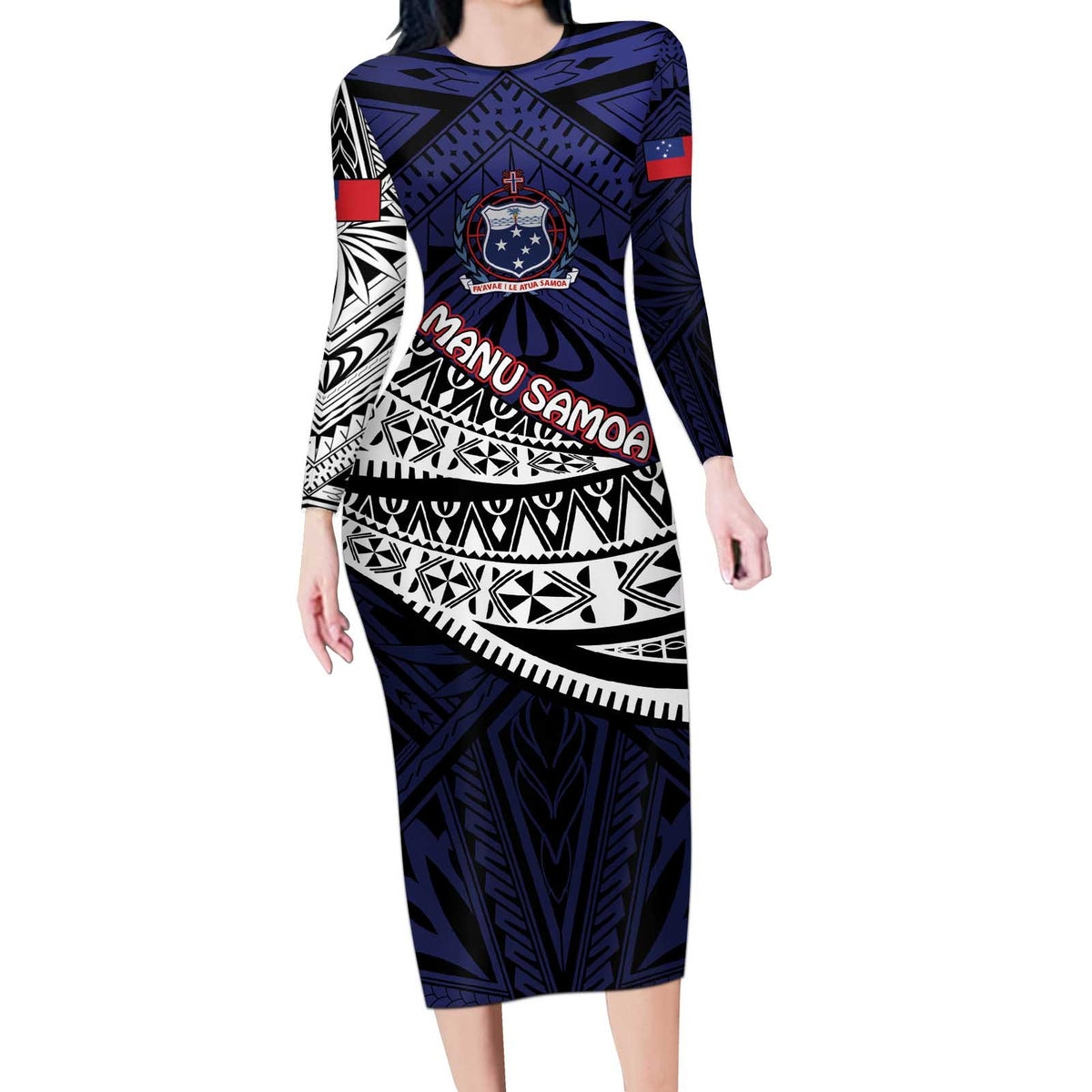 Custom Samoa Rugby Pacific Long Sleeve Bodycon Dress Samoan Warrior Tribal Pattern LT9 Long Dress Blue - Polynesian Pride