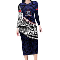 Custom Samoa Rugby Pacific Long Sleeve Bodycon Dress Samoan Warrior Tribal Pattern LT9 Long Dress Blue - Polynesian Pride