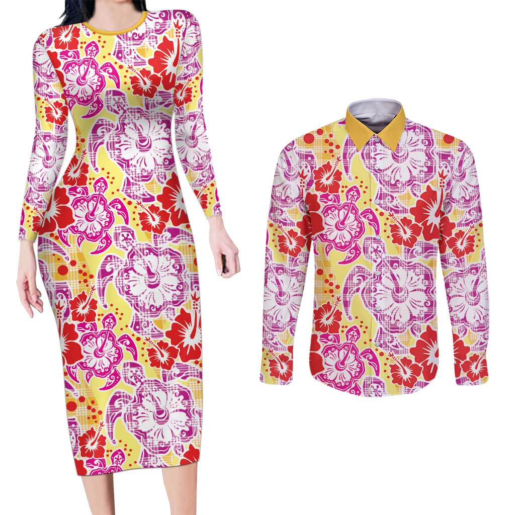 Palaka with Honu and Hibiscus Couples Matching Long Sleeve Bodycon Dress and Long Sleeve Button Shirt Hawaiian Heritage Spirit LT9 Red - Polynesian Pride