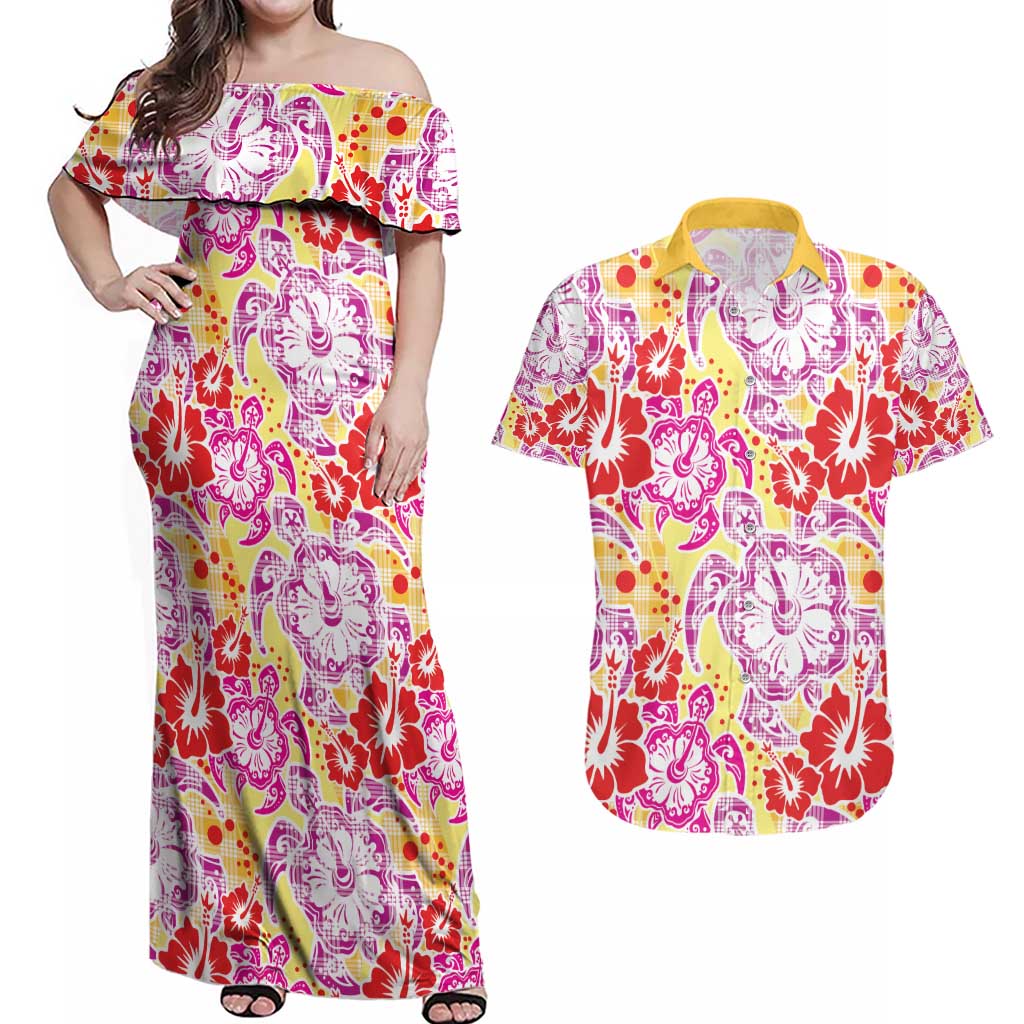 Palaka with Honu and Hibiscus Couples Matching Off Shoulder Maxi Dress and Hawaiian Shirt Hawaiian Heritage Spirit LT9 Red - Polynesian Pride