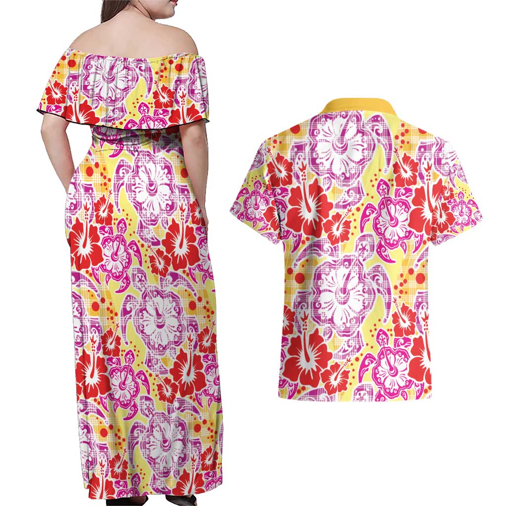 Palaka with Honu and Hibiscus Couples Matching Off Shoulder Maxi Dress and Hawaiian Shirt Hawaiian Heritage Spirit LT9 - Polynesian Pride