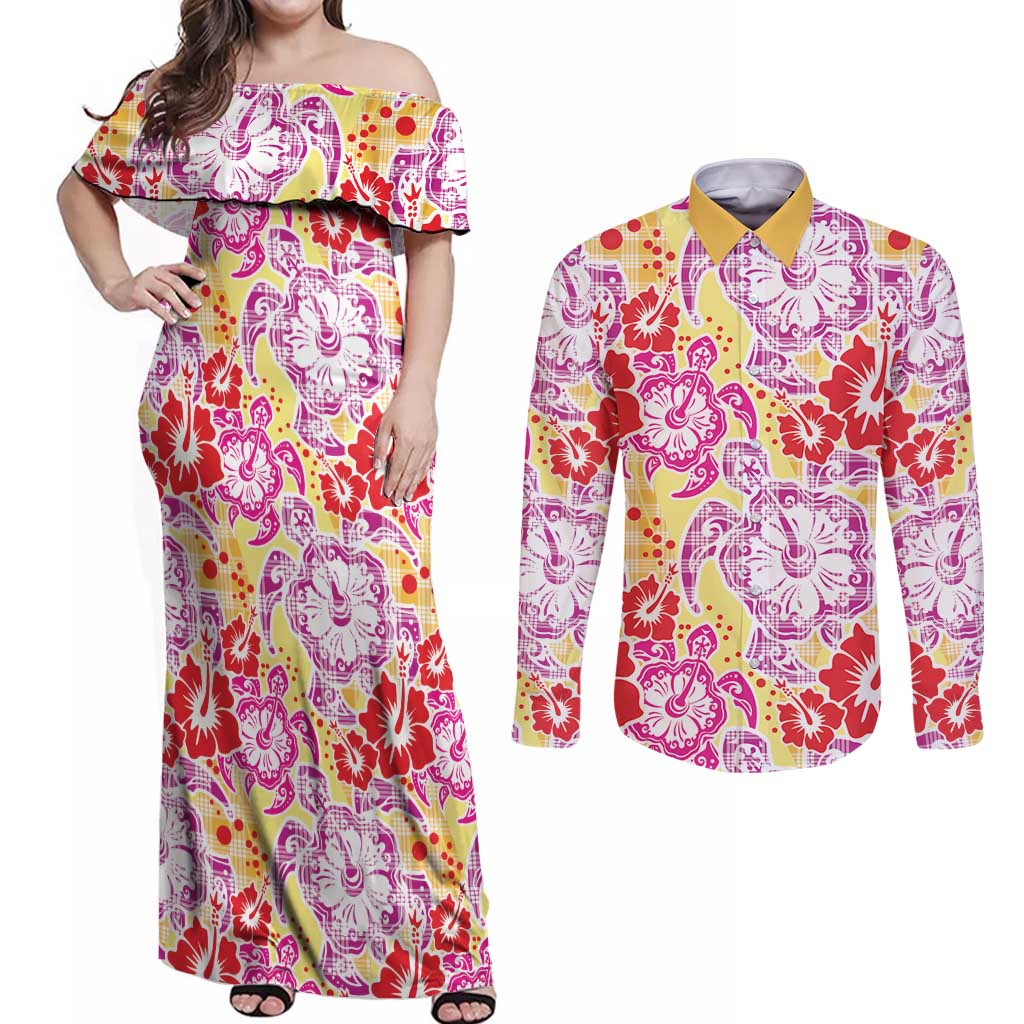 Palaka with Honu and Hibiscus Couples Matching Off Shoulder Maxi Dress and Long Sleeve Button Shirt Hawaiian Heritage Spirit LT9 Red - Polynesian Pride