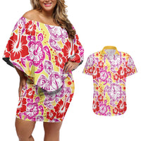 Palaka with Honu and Hibiscus Couples Matching Off Shoulder Short Dress and Hawaiian Shirt Hawaiian Heritage Spirit LT9 Red - Polynesian Pride