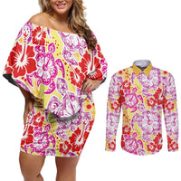 Palaka with Honu and Hibiscus Couples Matching Off Shoulder Short Dress and Long Sleeve Button Shirt Hawaiian Heritage Spirit LT9 Red - Polynesian Pride